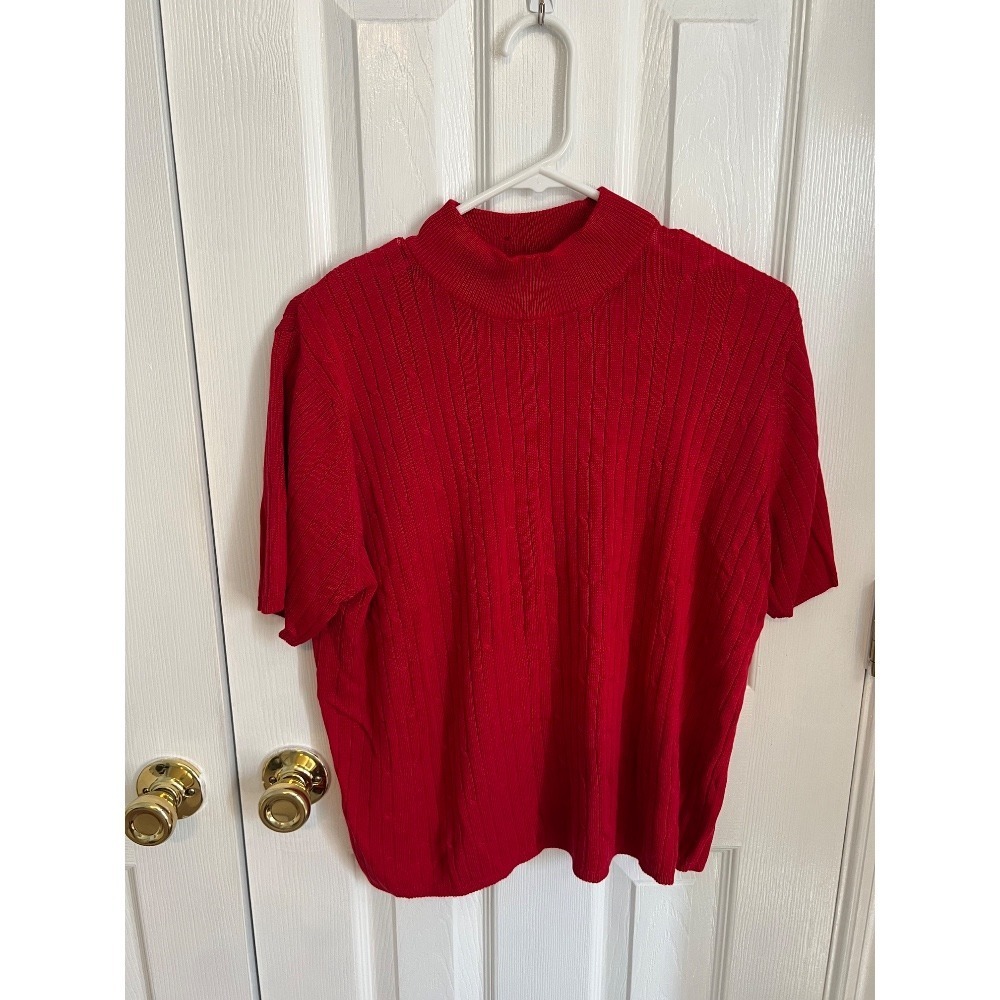 Laura Scott Womens Large Acrylic Red Short‎ Sleeve Fitted Ribbed Shirt